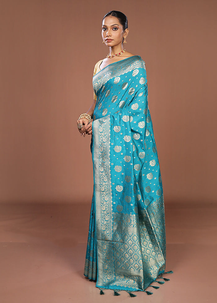Blue Dupion Silk Saree With Blouse Piece