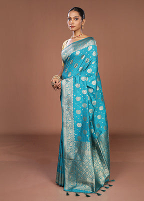 Blue Dupion Silk Saree With Blouse Piece