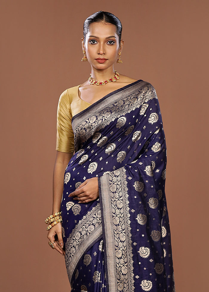 Blue Dupion Silk Saree With Blouse Piece