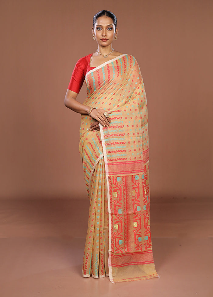 Cream Jamdani Cotton Saree Without Blouse Piece