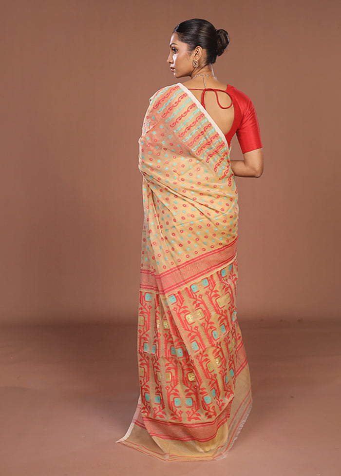 Cream Jamdani Cotton Saree Without Blouse Piece
