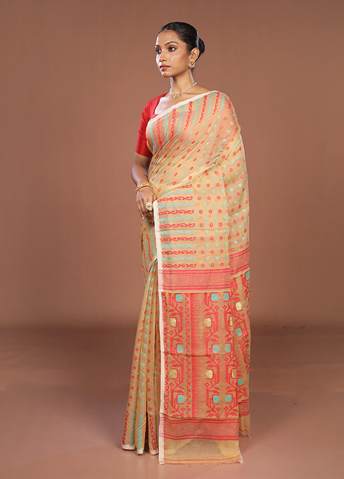 Cream Jamdani Cotton Saree Without Blouse Piece