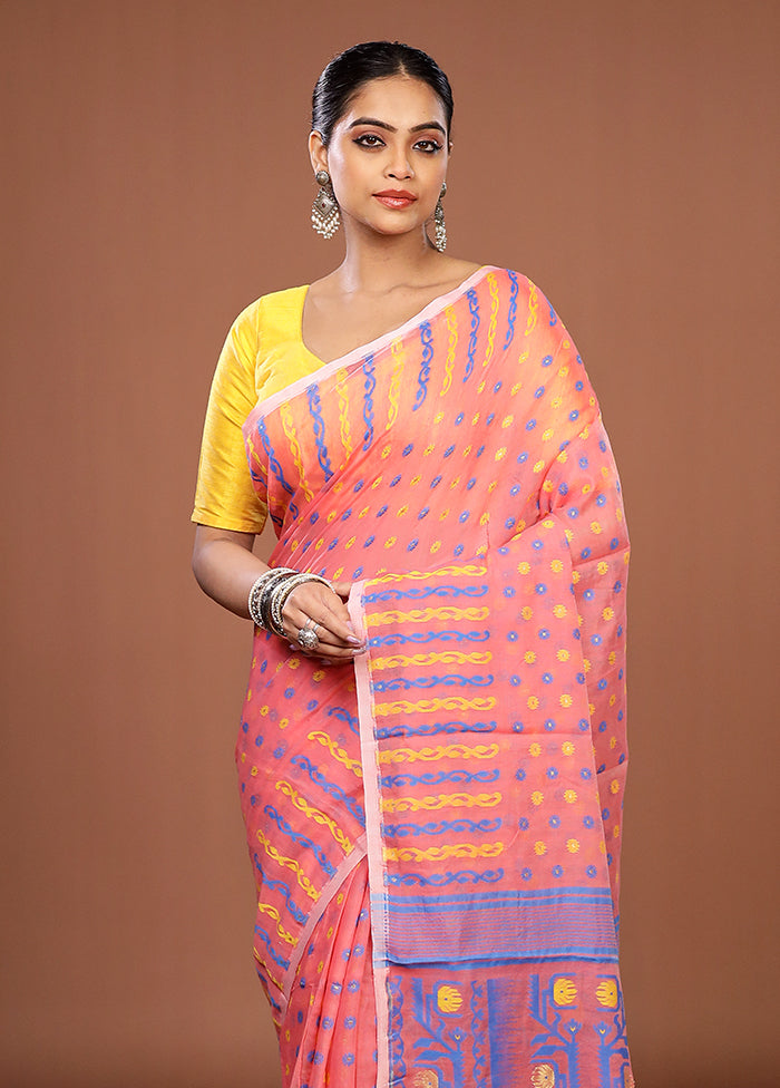 Pink Jamdani Cotton Saree Without Blouse Piece