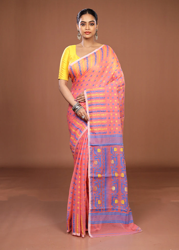 Pink Jamdani Cotton Saree Without Blouse Piece