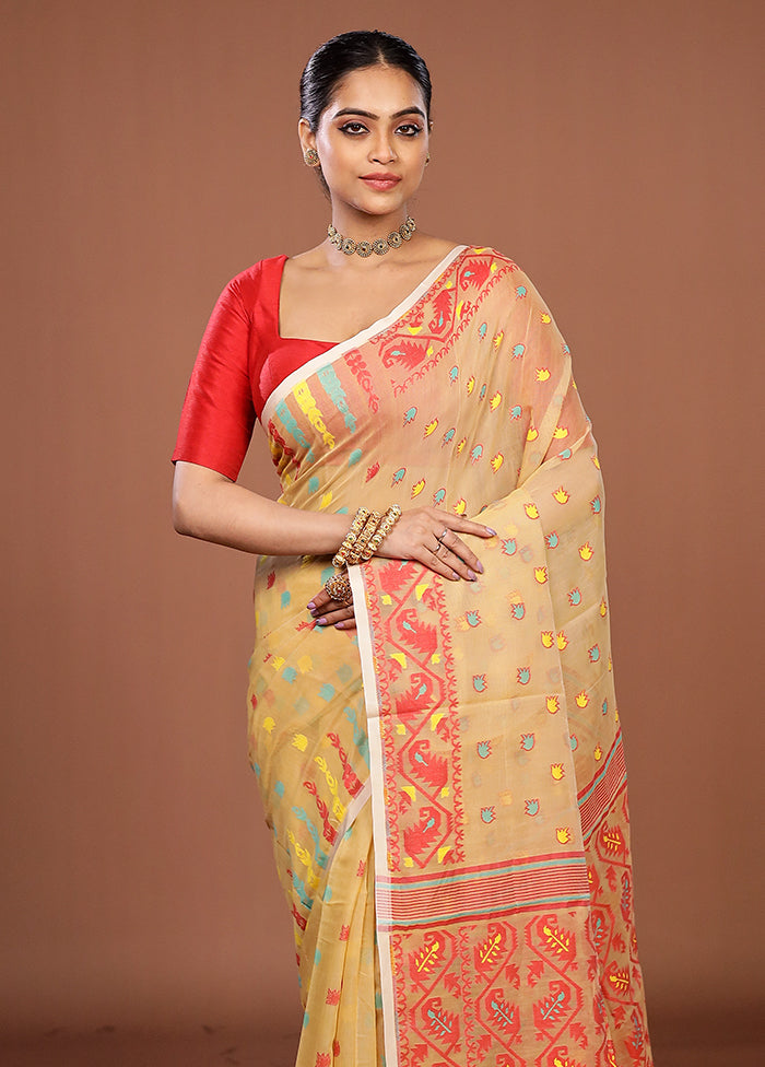 Cream Jamdani Cotton Saree Without Blouse Piece
