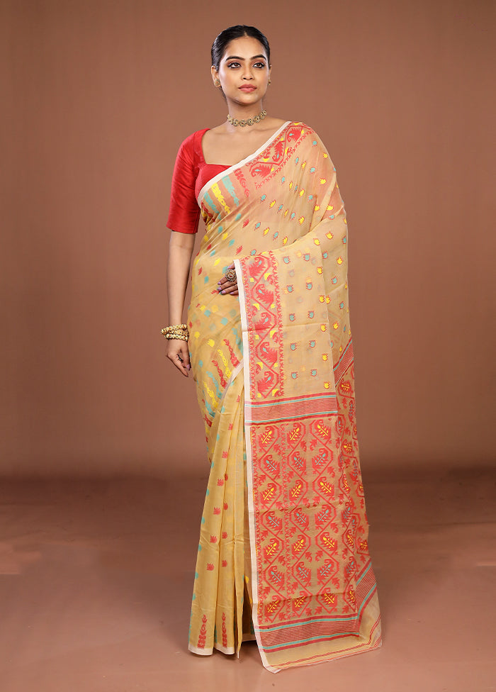 Cream Jamdani Cotton Saree Without Blouse Piece