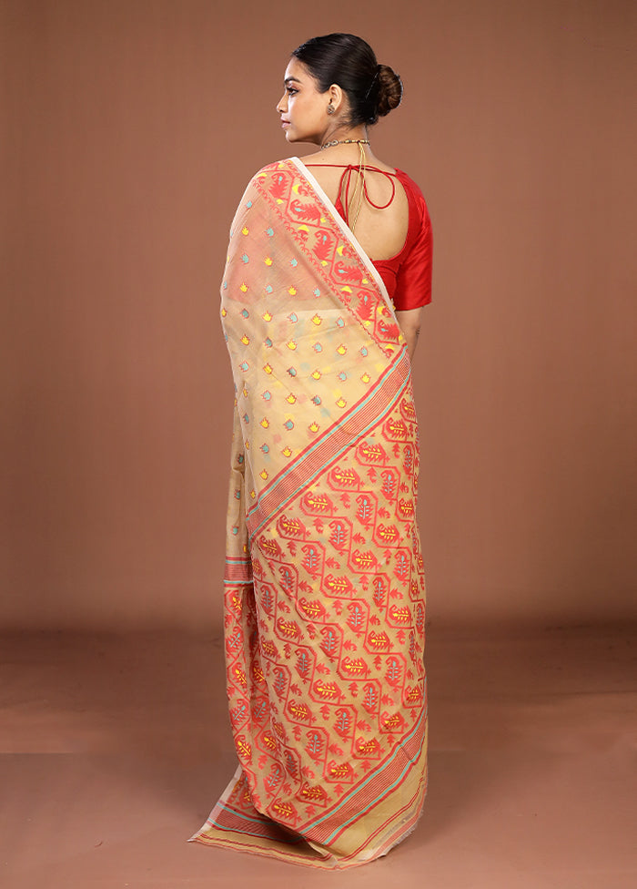 Cream Jamdani Cotton Saree Without Blouse Piece