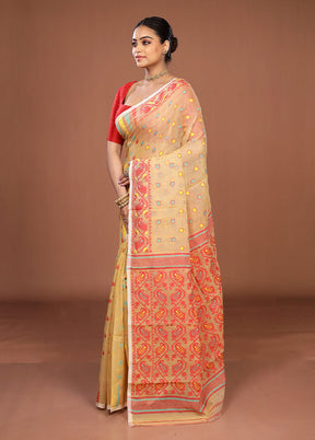 Cream Jamdani Cotton Saree Without Blouse Piece
