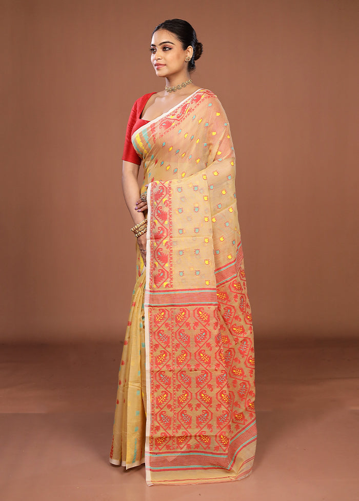 Cream Jamdani Cotton Saree Without Blouse Piece