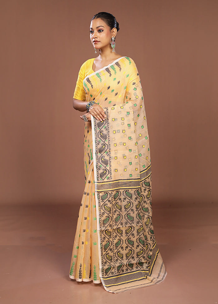Cream Jamdani Cotton Saree Without Blouse Piece
