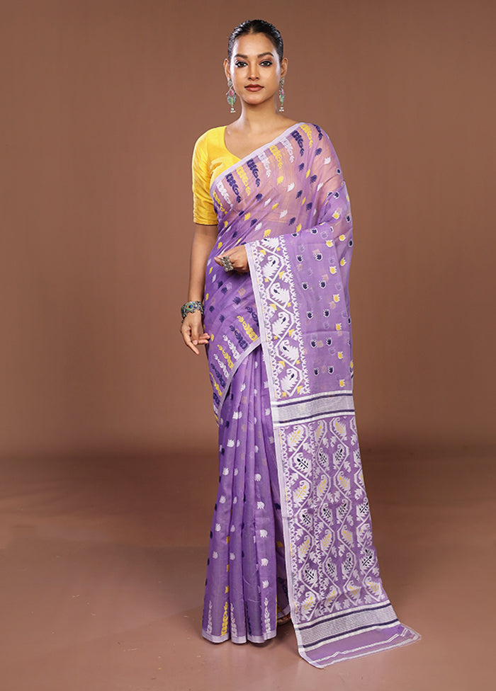 Purple Jamdani Cotton Saree Without Blouse Piece