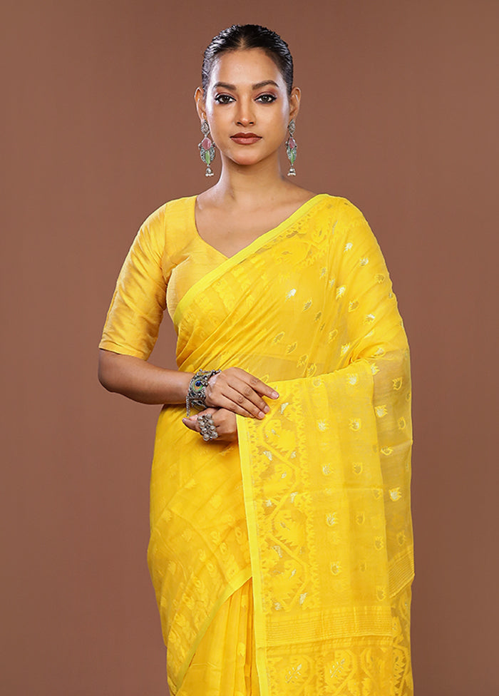 Yellow Jamdani Cotton Saree Without Blouse Piece