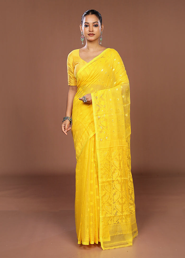 Yellow Jamdani Cotton Saree Without Blouse Piece