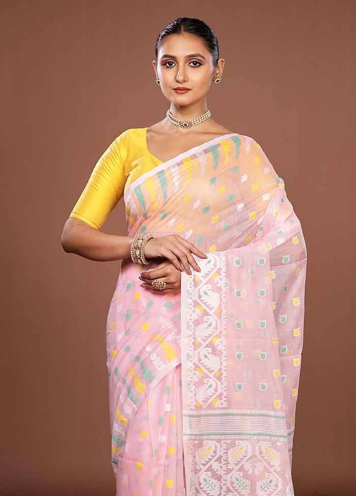 Pink Jamdani Cotton Saree Without Blouse Piece