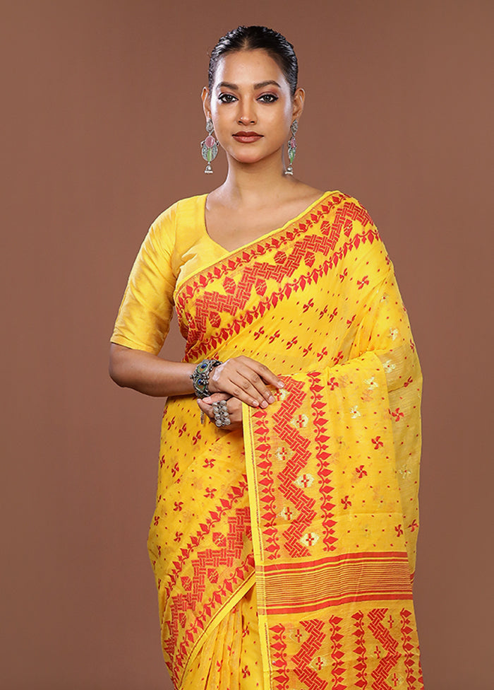 Yellow Jamdani Cotton Saree Without Blouse Piece
