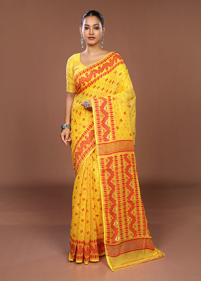 Yellow Jamdani Cotton Saree Without Blouse Piece