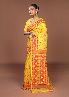Yellow Jamdani Cotton Saree Without Blouse Piece