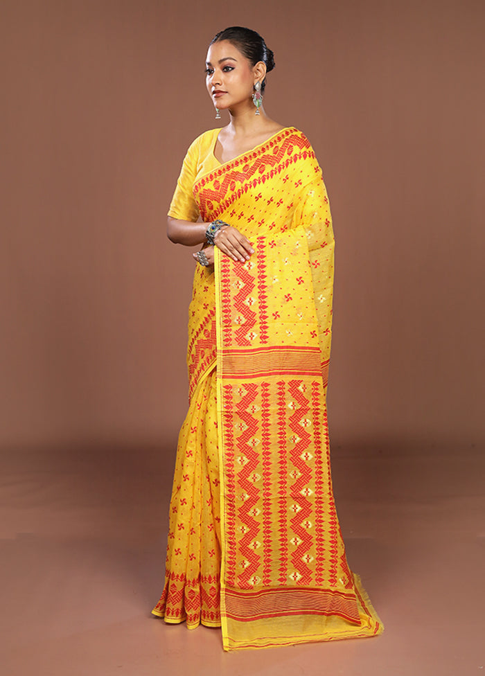 Yellow Jamdani Cotton Saree Without Blouse Piece