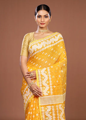 Yellow Jamdani Cotton Saree Without Blouse Piece