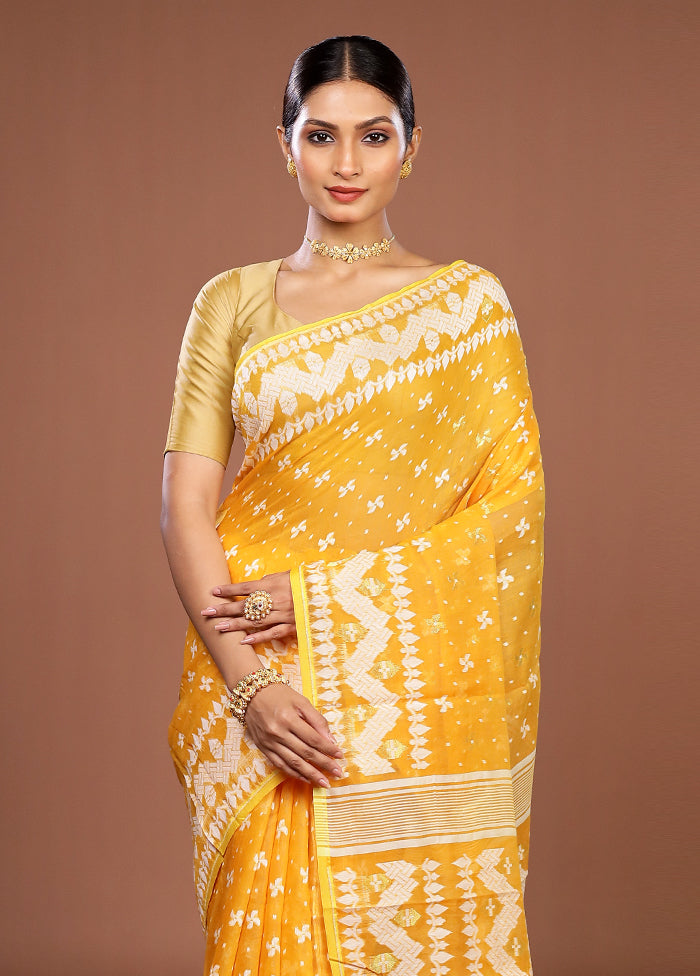 Yellow Jamdani Cotton Saree Without Blouse Piece