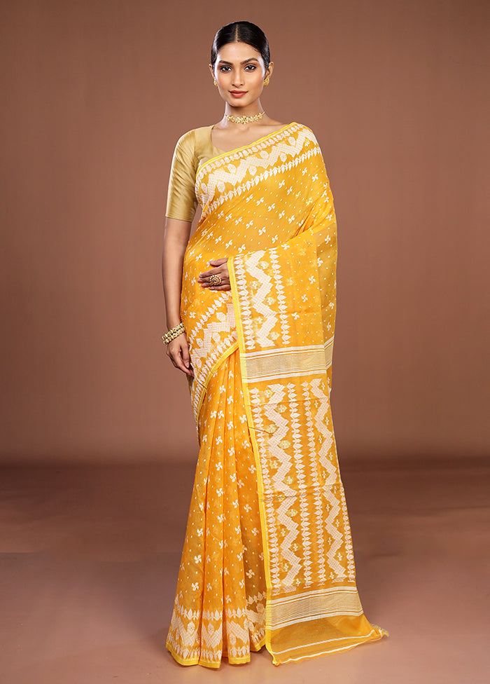 Yellow Jamdani Cotton Saree Without Blouse Piece