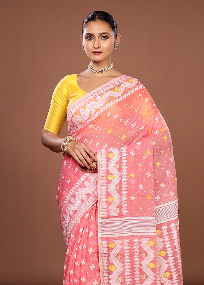 Pink Jamdani Cotton Saree Without Blouse Piece