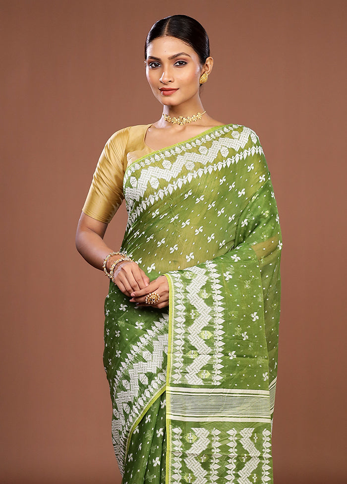 Green Jamdani Cotton Saree Without Blouse Piece