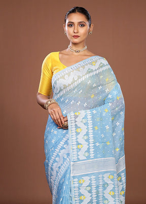 Blue Jamdani Cotton Saree Without Blouse Piece
