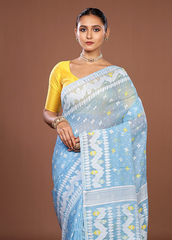 Blue Jamdani Cotton Saree Without Blouse Piece