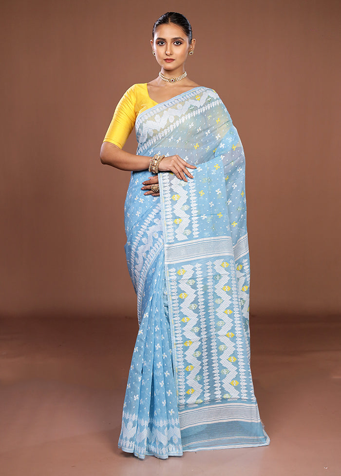 Blue Jamdani Cotton Saree Without Blouse Piece