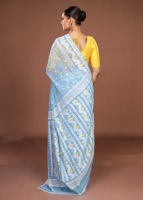 Blue Jamdani Cotton Saree Without Blouse Piece