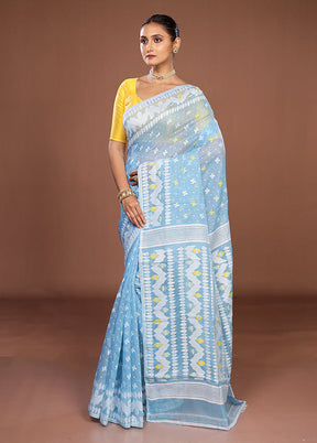 Blue Jamdani Cotton Saree Without Blouse Piece