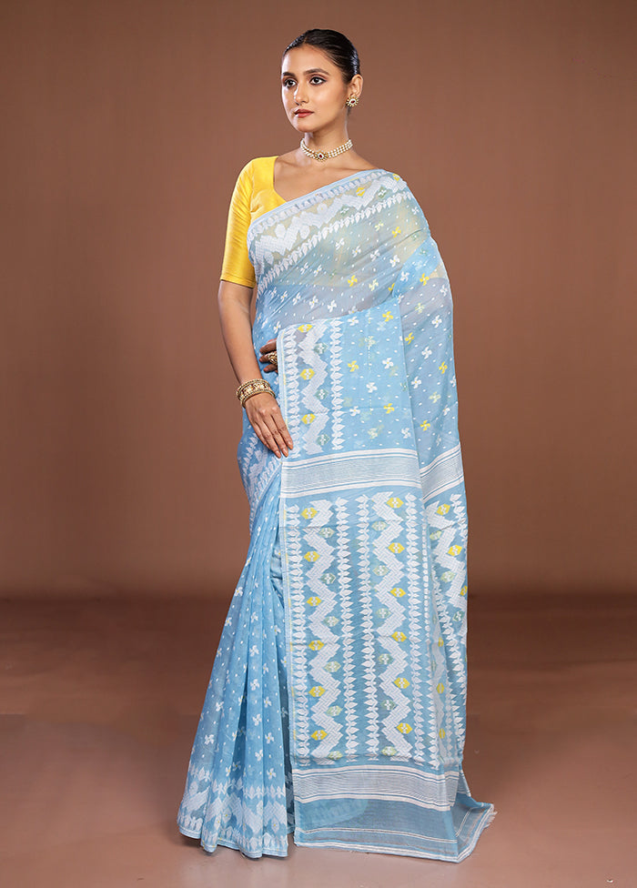 Blue Jamdani Cotton Saree Without Blouse Piece