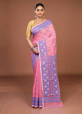 Pink Jamdani Cotton Saree Without Blouse Piece