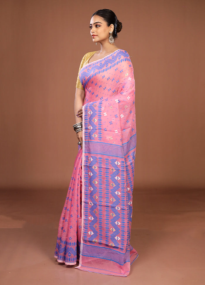 Pink Jamdani Cotton Saree Without Blouse Piece