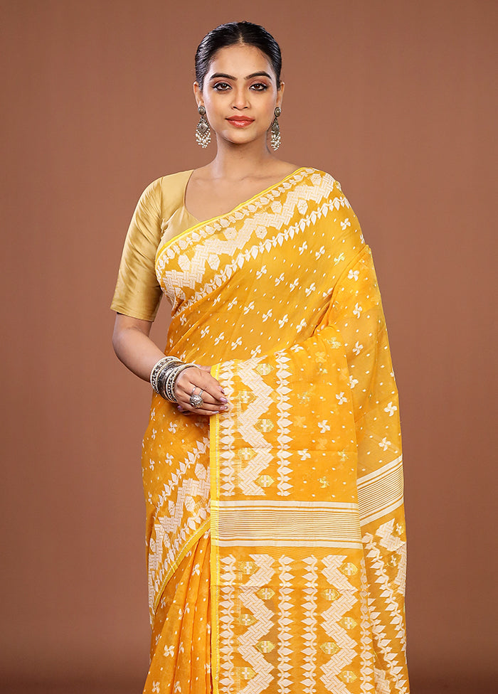 Yellow Jamdani Cotton Saree Without Blouse Piece