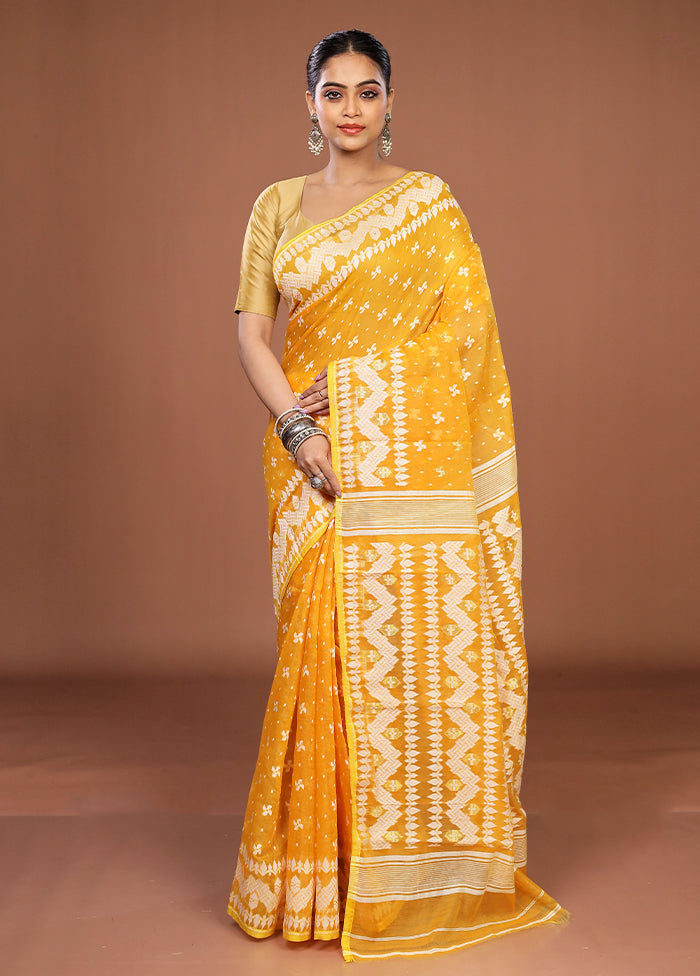 Yellow Jamdani Cotton Saree Without Blouse Piece