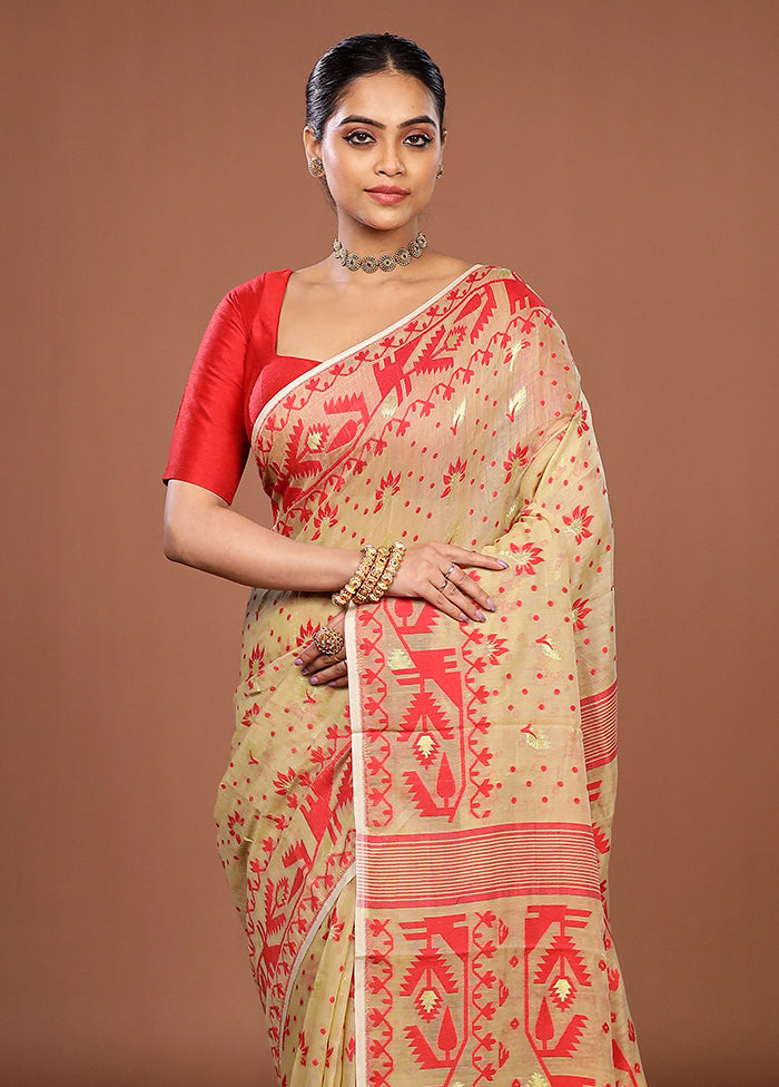 Cream Jamdani Cotton Saree Without Blouse Piece