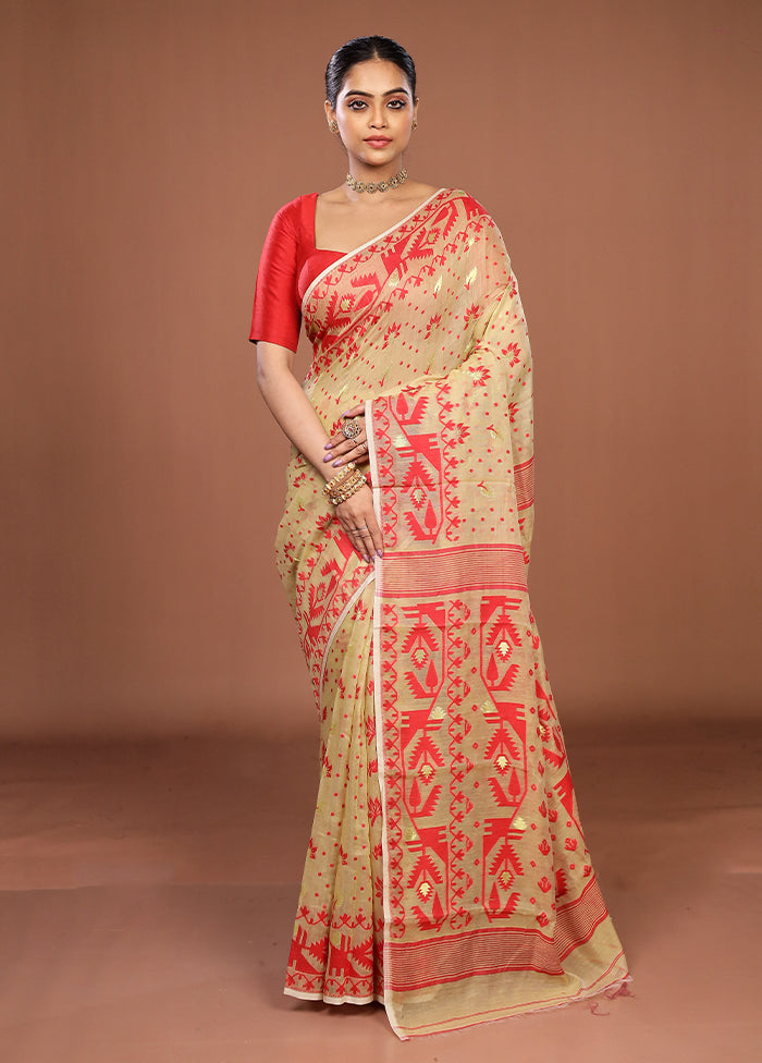 Cream Jamdani Cotton Saree Without Blouse Piece