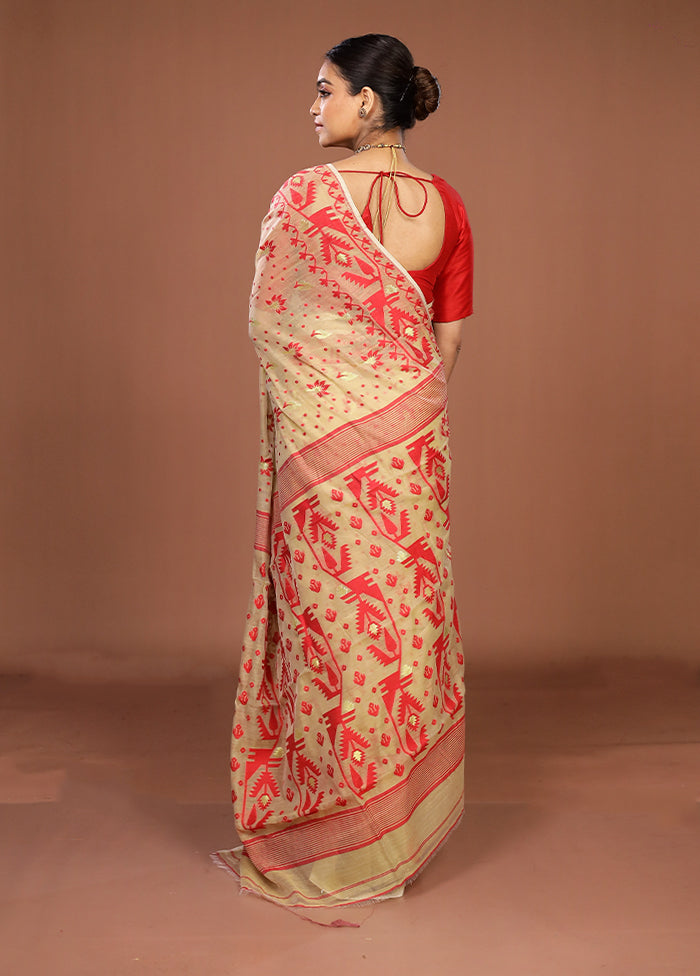 Cream Jamdani Cotton Saree Without Blouse Piece
