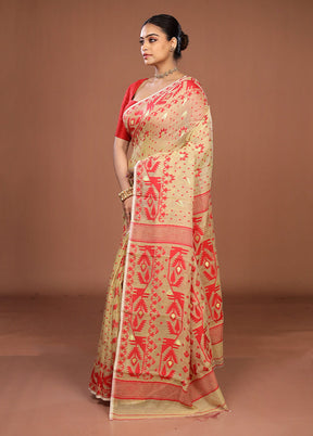 Cream Jamdani Cotton Saree Without Blouse Piece