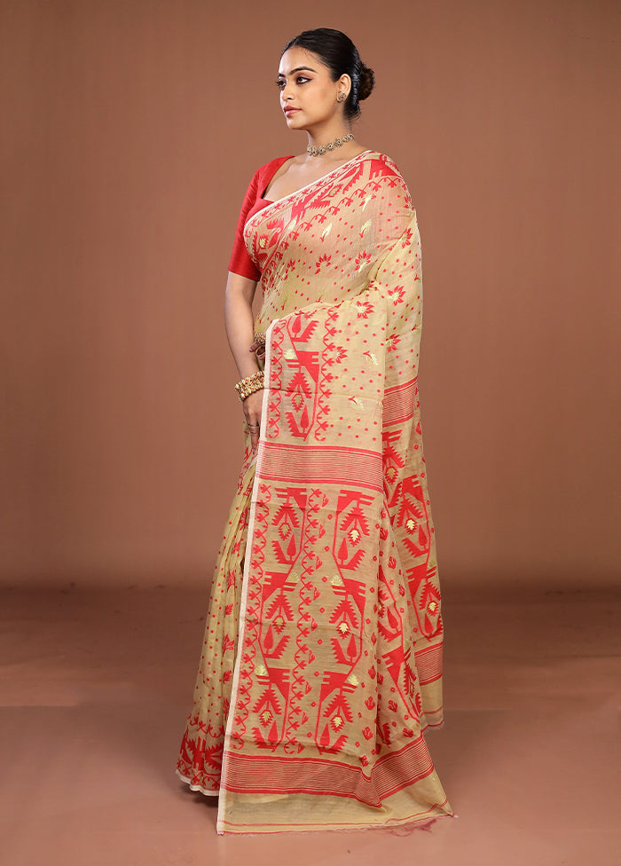 Cream Jamdani Cotton Saree Without Blouse Piece