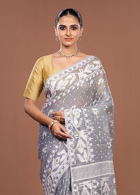 Grey Jamdani Cotton Saree Without Blouse Piece