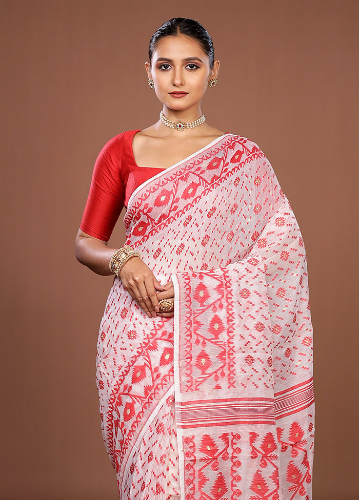 White Jamdani Cotton Saree Without Blouse Piece