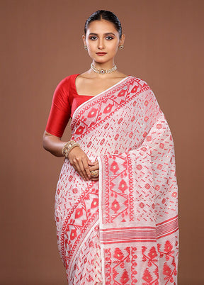 White Jamdani Cotton Saree Without Blouse Piece