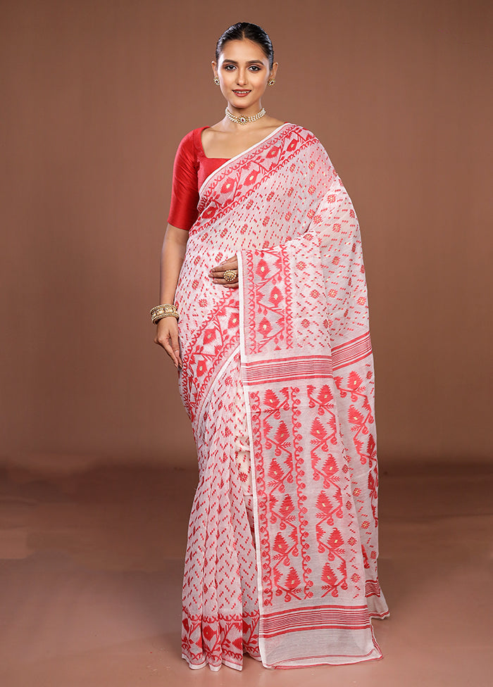 White Jamdani Cotton Saree Without Blouse Piece