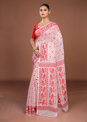 White Jamdani Cotton Saree Without Blouse Piece
