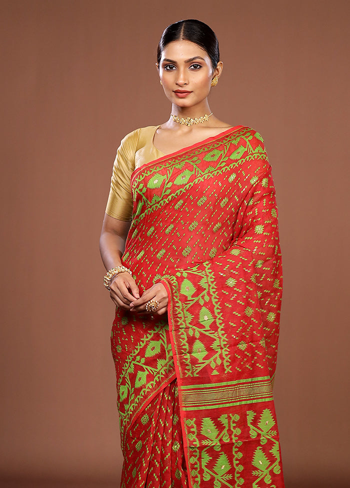 Red Jamdani Cotton Saree Without Blouse Piece