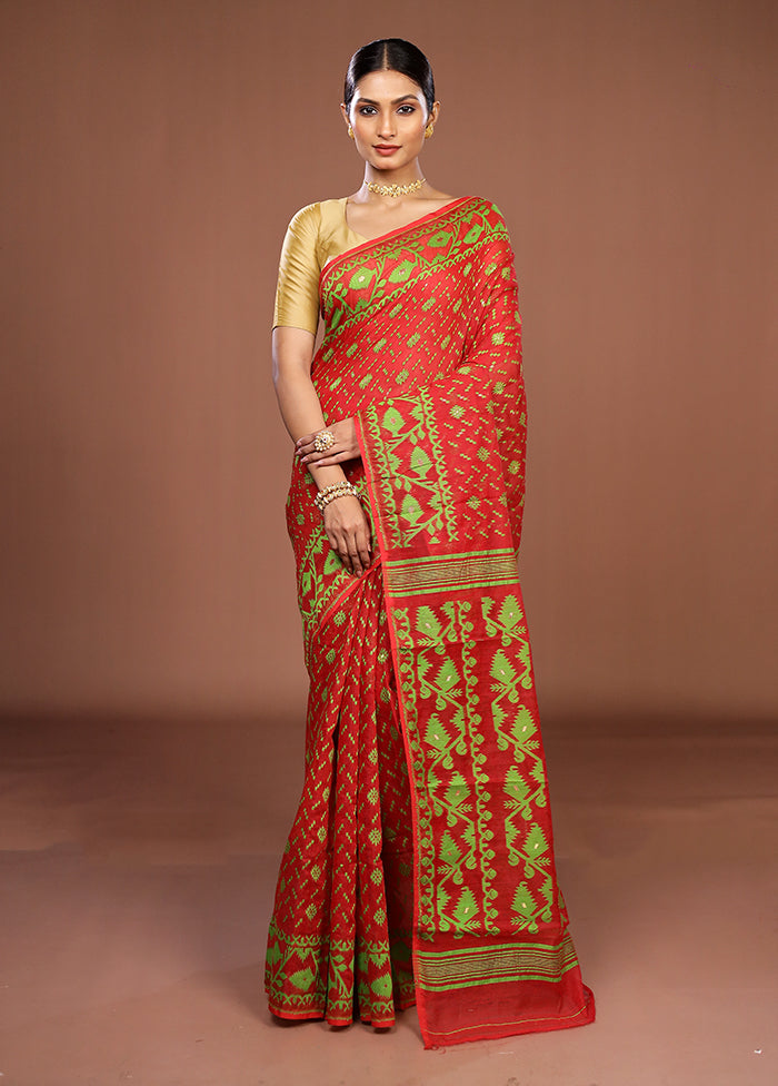 Red Jamdani Cotton Saree Without Blouse Piece