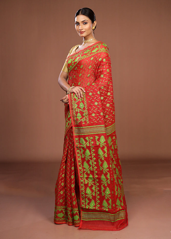 Red Jamdani Cotton Saree Without Blouse Piece